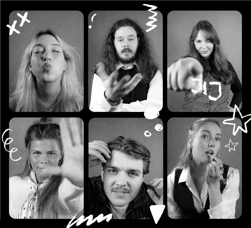 Grappige foto met alle 6 spelers van Jong Tryater